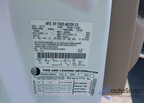 2010 Ford F-150 Fx4/Harley-Davidson/King Ranch/Lariat/Platinum/Xl/Xlt z USA, uszkodzony, nr VIN 1FTFW1EV0AKE12962